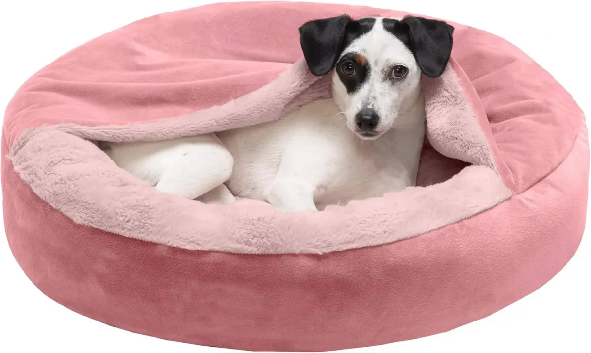 24" Hooded Plush Pet Bed – Cozy Round Velvet Bed for Small Dogs & Cats, Washable Rose Pink - Image 7